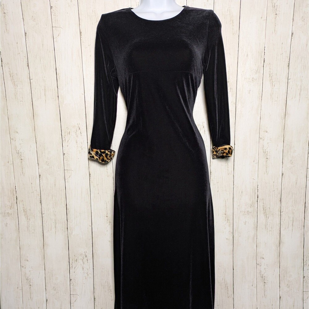 Vintage Velvet Midi Dress Black Leopard Cuffs Goth Witchy Vamp Glam 90s Size 16